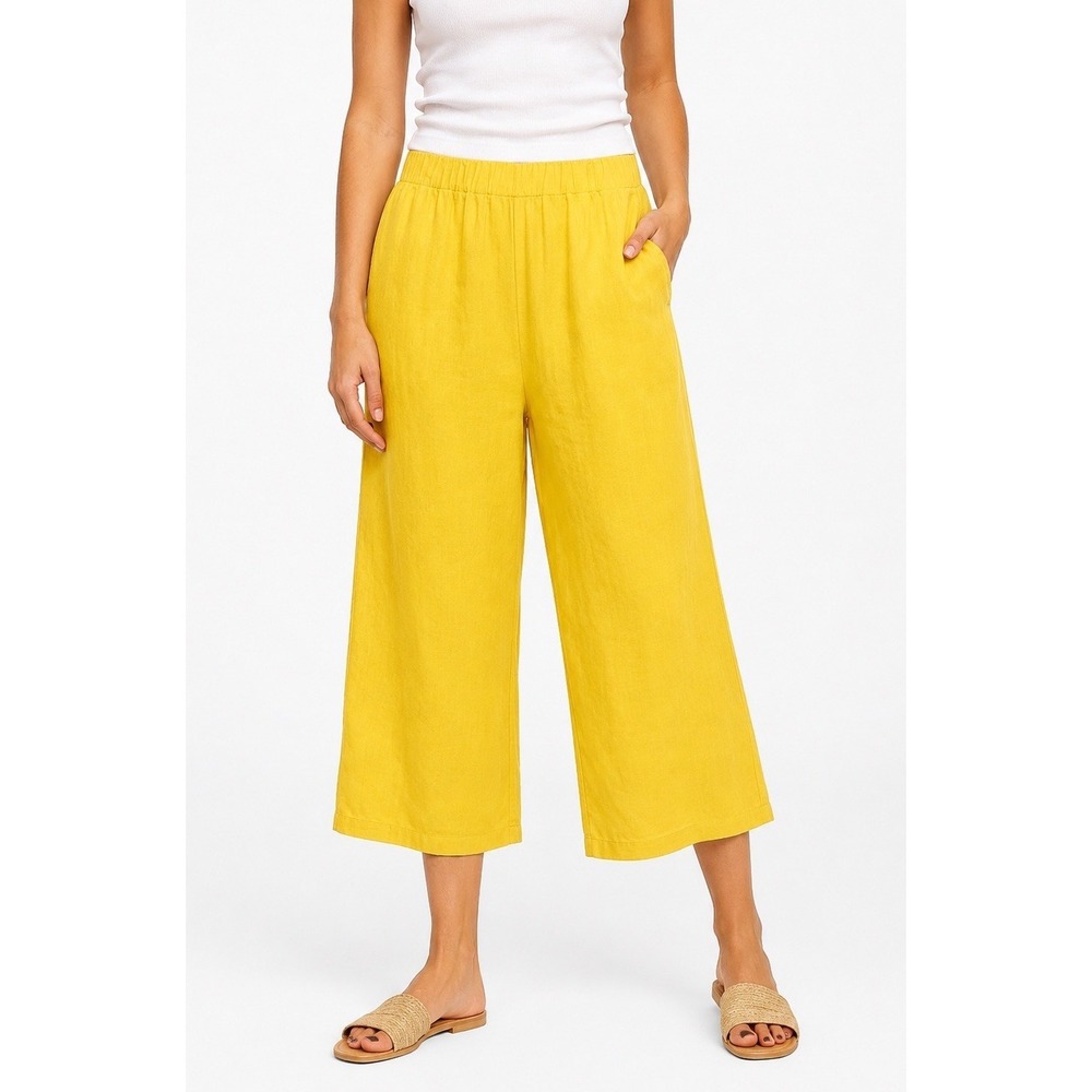 Cupio Yellow Linen Blend Wide Leg Crop Pants‎ L Coastal Vacation Boho Resort EUC